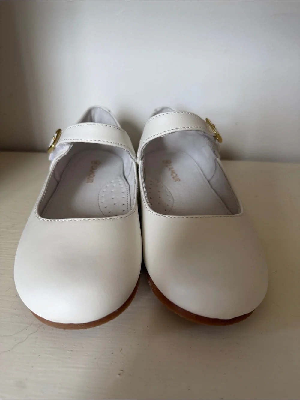 L’amour White Mary Jane Dress Shoes with Gold Buckle NWOT